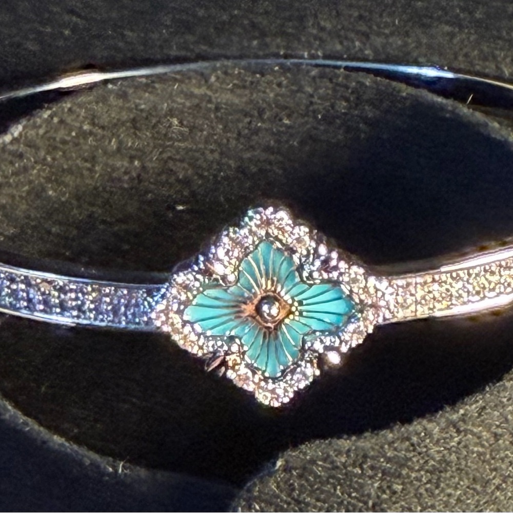 Silver Tone Turquoise Flower Bangle Bracelet | Pavé Crystal Accent Cuff